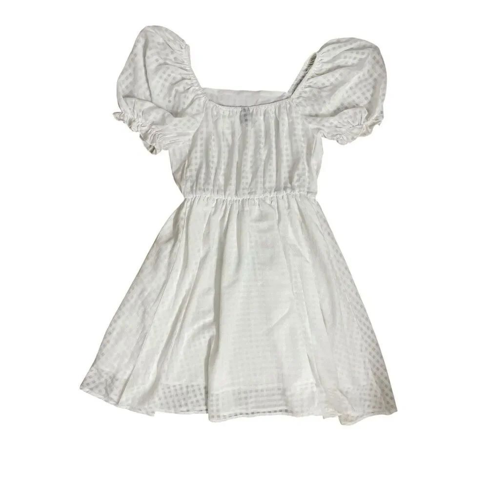 SHEIN White Puff Sleeve Mini Dress Medium Cottagecore Square Neck Textured